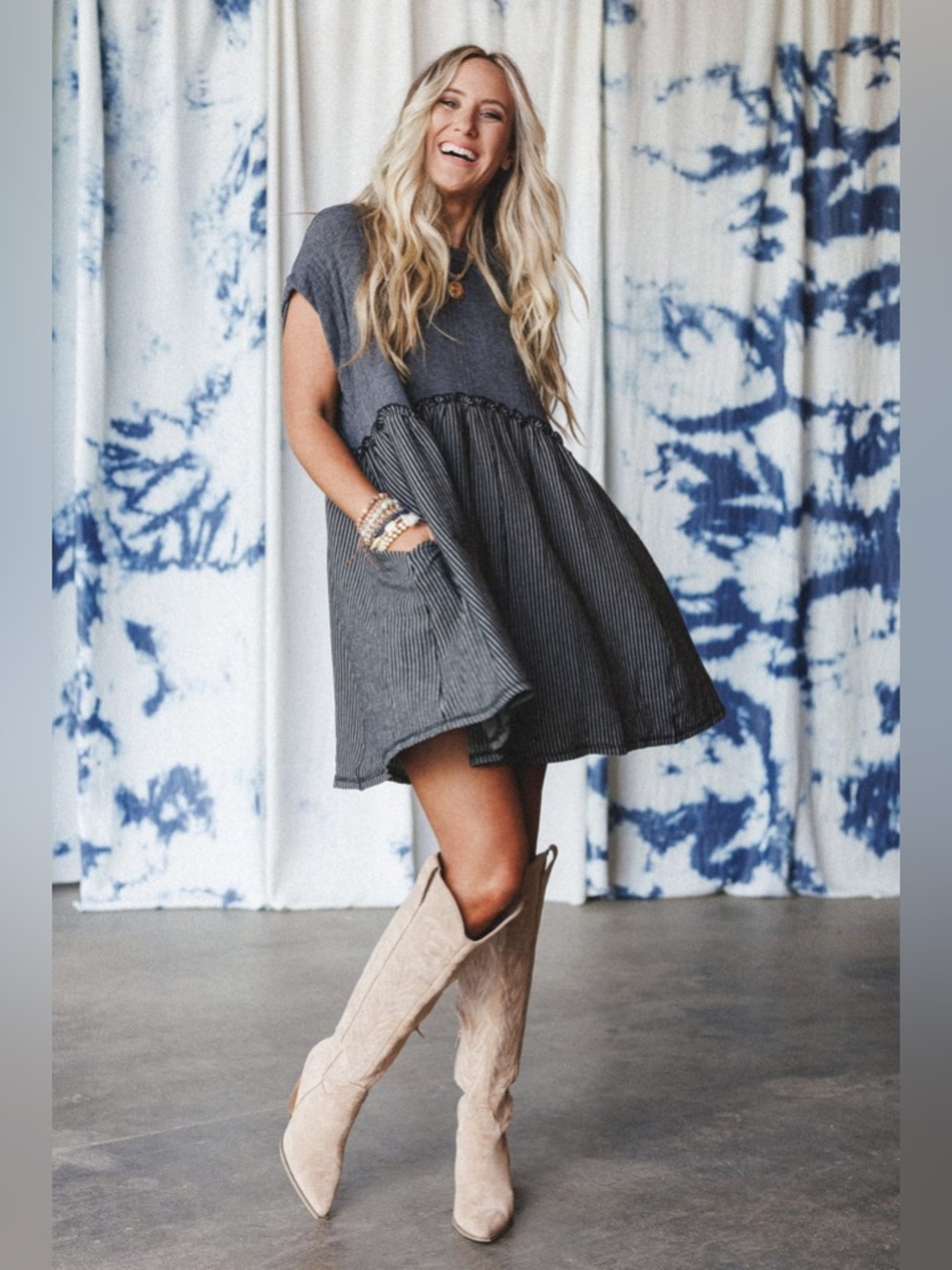 🆕Three Bird Nest The Nest No Fuss Babydoll Mini Dress Grey Stripe